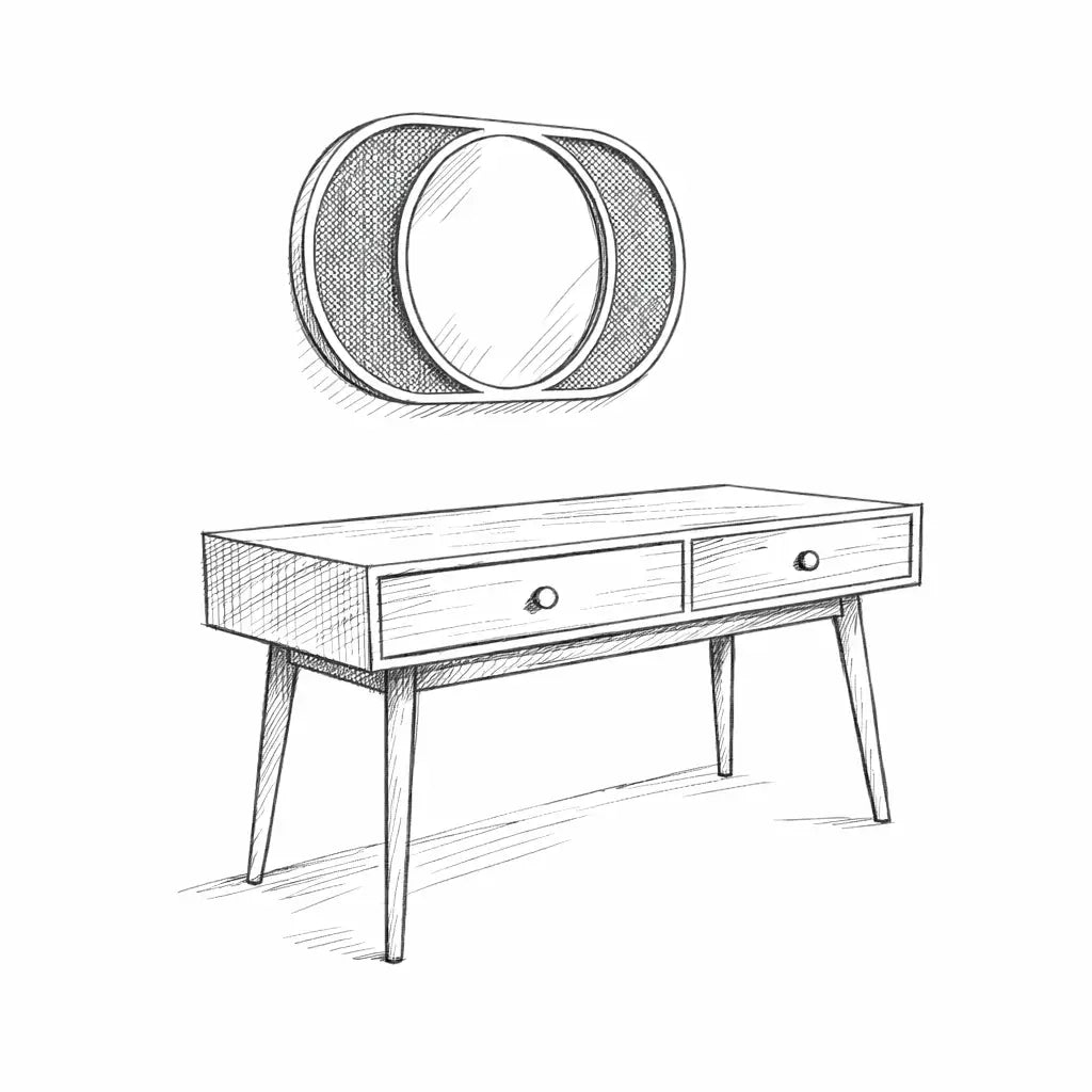 Line drawing of a console table with a round mirror above it on a white background