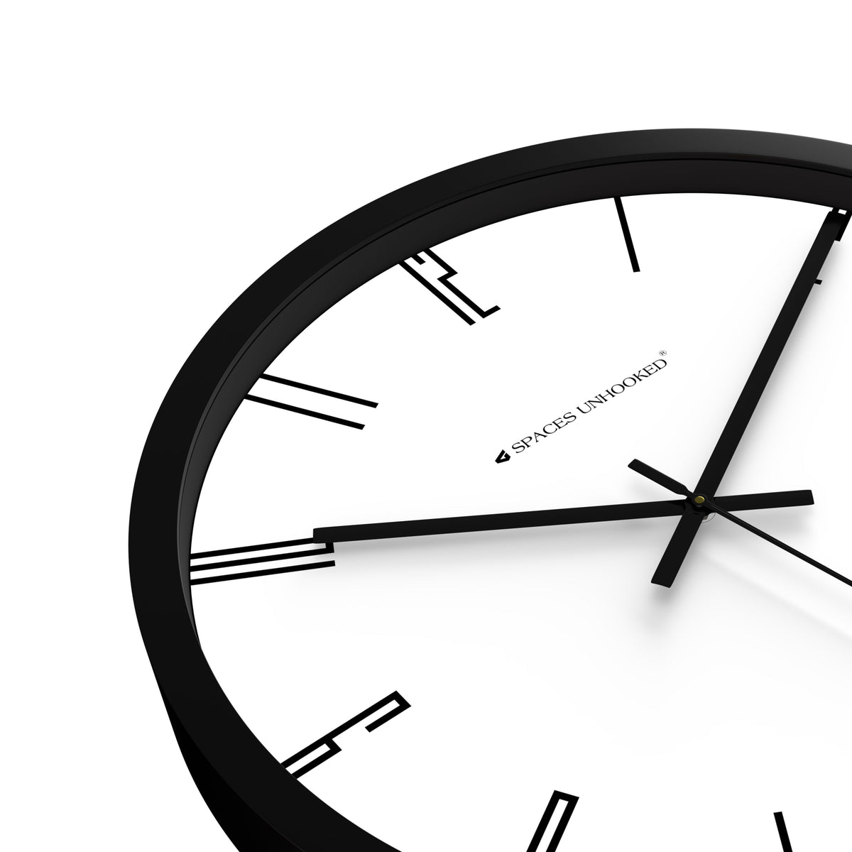 Top angle view minimalist black round wall clock white face – stylish wall clock for home office interior decor