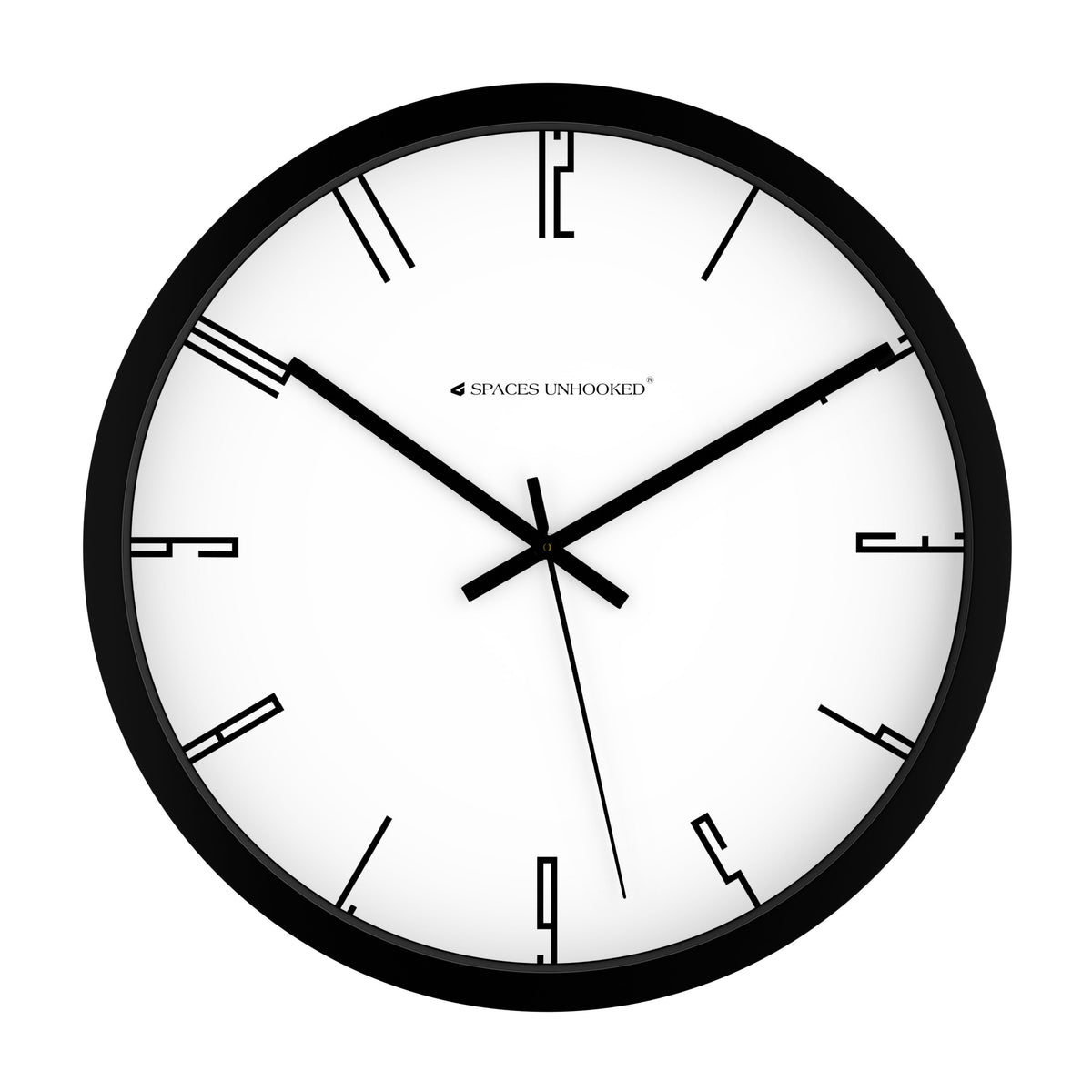 Spaces Unhooked minimalist wall clock black frame white dial geometric numeral markers – modern silent quartz clock