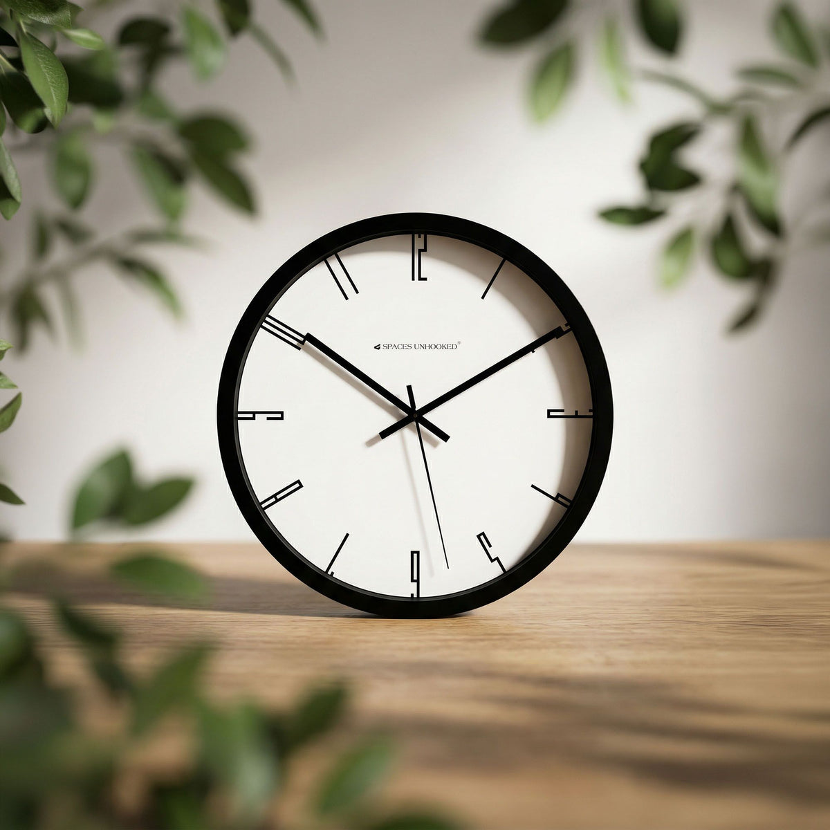 Detail shot abstract geometric numeral design white clock face – unique modern wall clock for home office decor