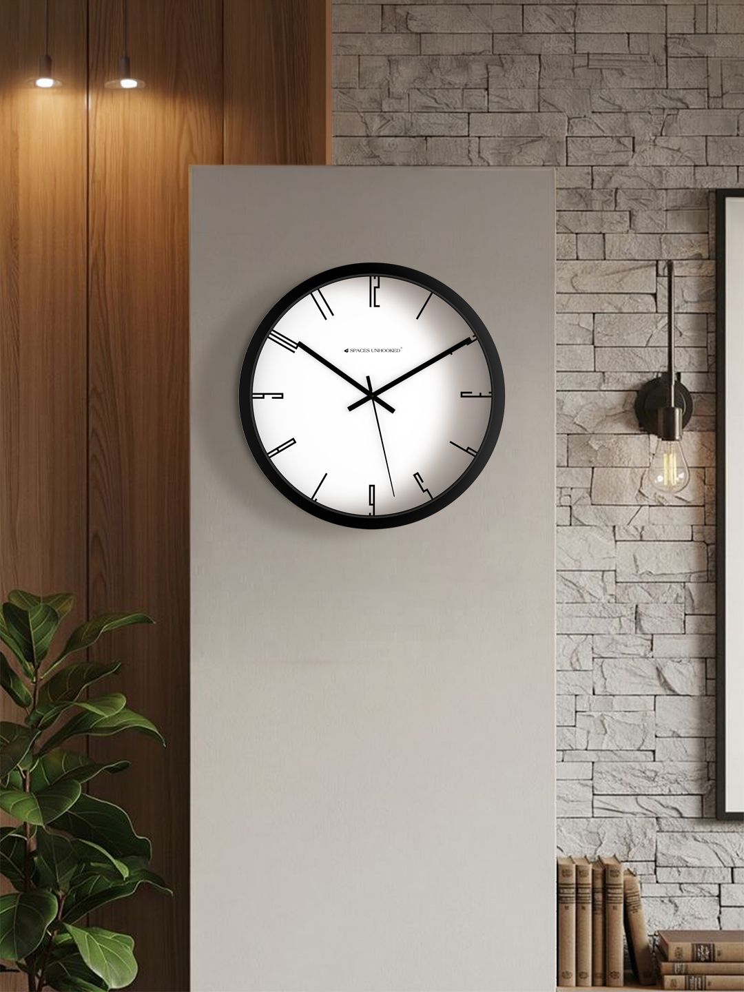 Spaces Unhooked round wall clock matte black frame abstract hour markers – contemporary home decor clock India
