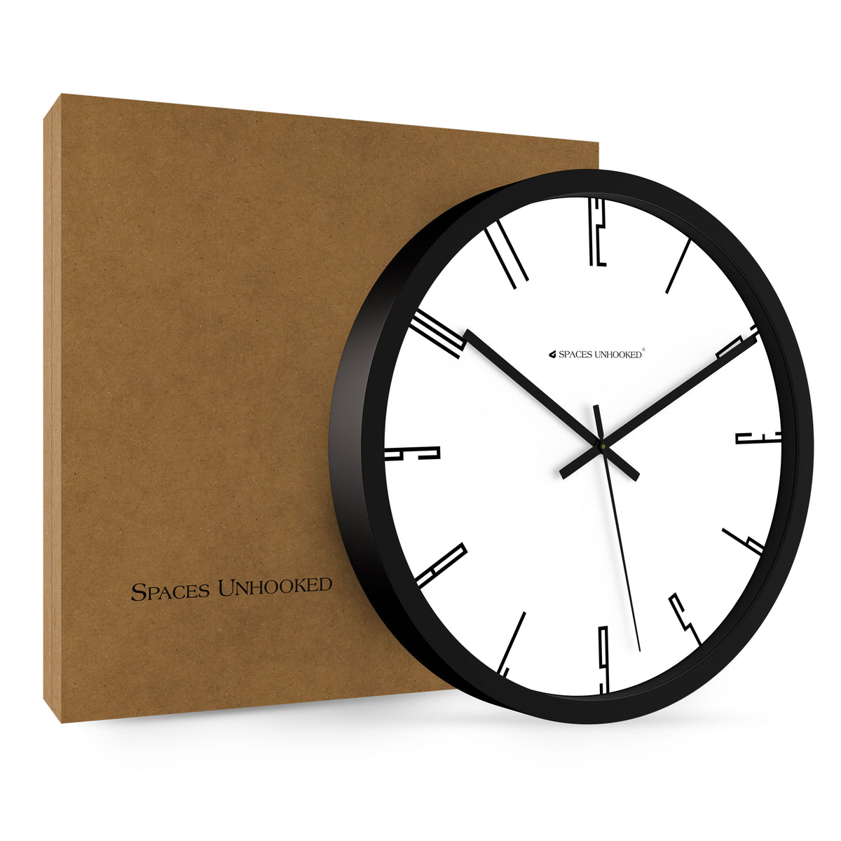 Spaces Unhooked geometric wall clock hanging on wall modern interior – black white wall clock home decor India