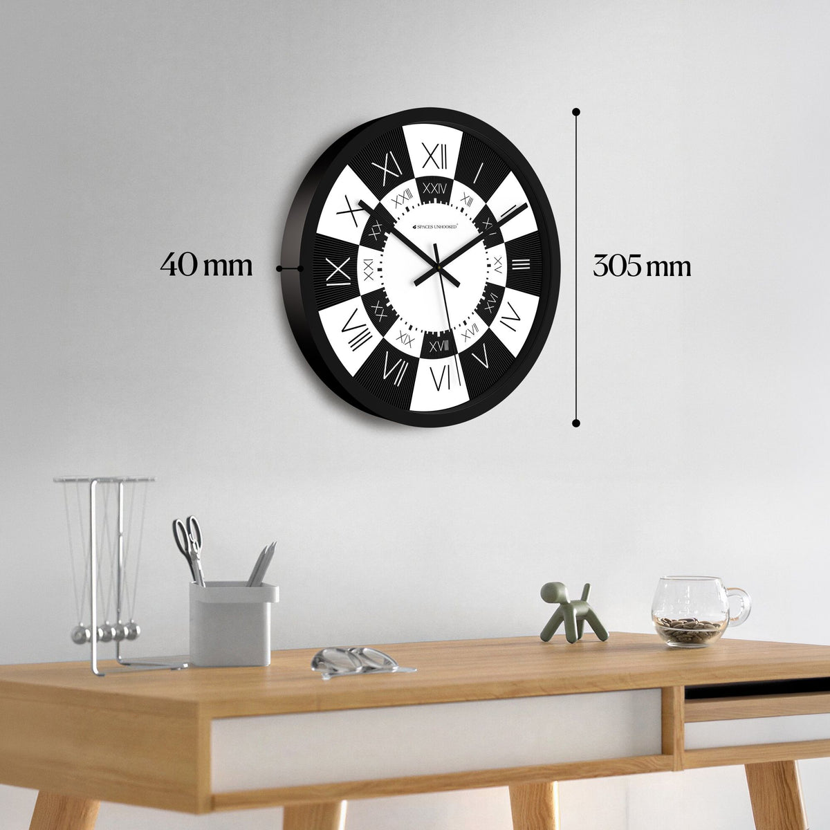 Spaces Unhooked bold black white wall clock 3/4 view dual Roman numeral dial – premium statement wall clock India