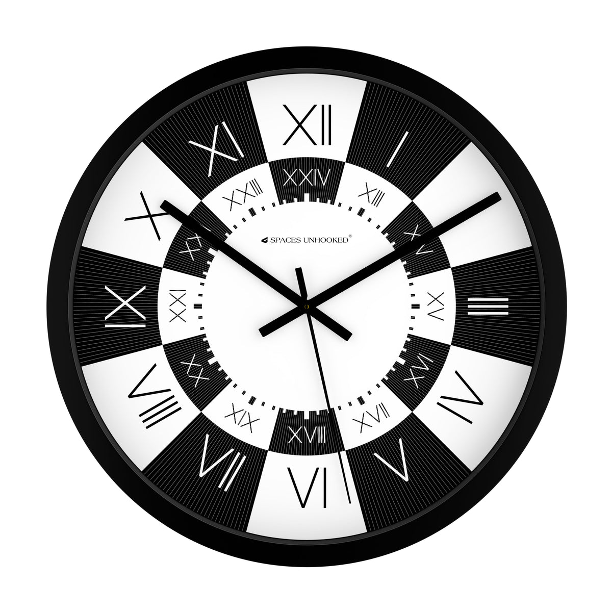 Spaces Unhooked 24-hour dual ring wall clock black frame Roman numerals black white dial – luxury designer wall clock