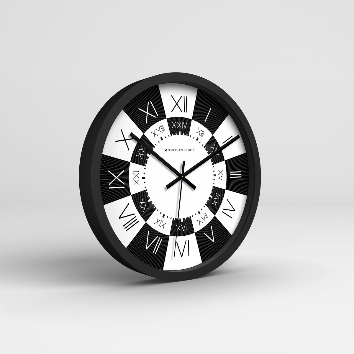 Right side view bold black wall clock matte frame – Spaces Unhooked luxury wall clock home office decor