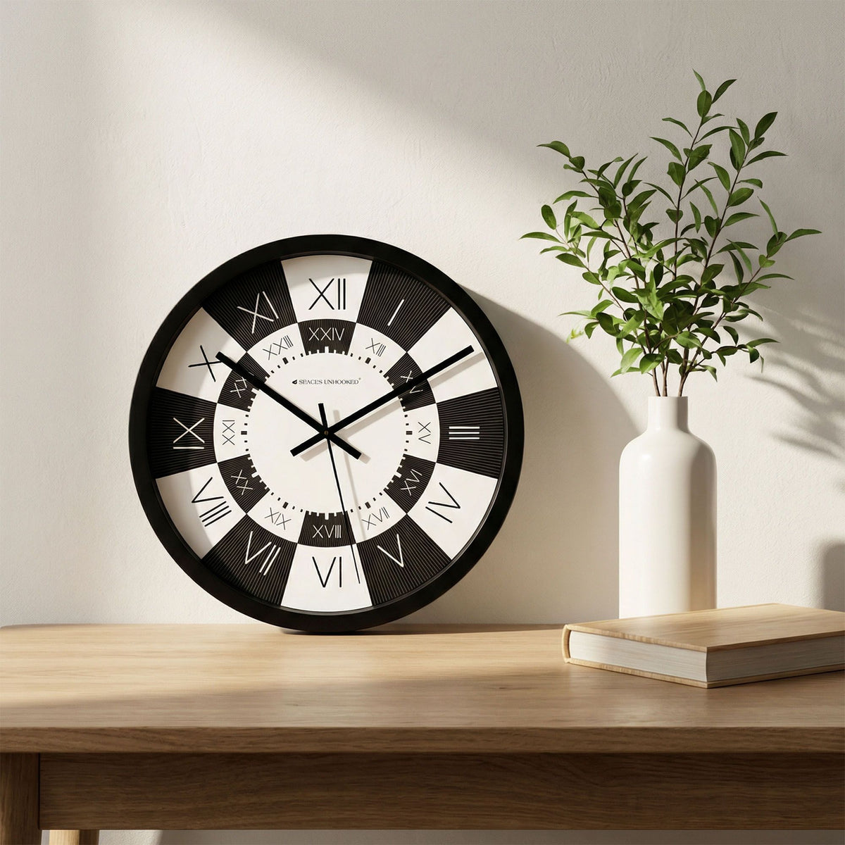 Left side profile black frame round wall clock slim depth – premium silent quartz wall clock India