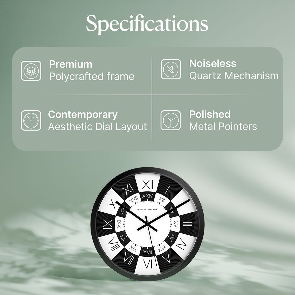 
Top angle black white Roman numeral wall clock checkered dial – statement wall clock living room bedroom India