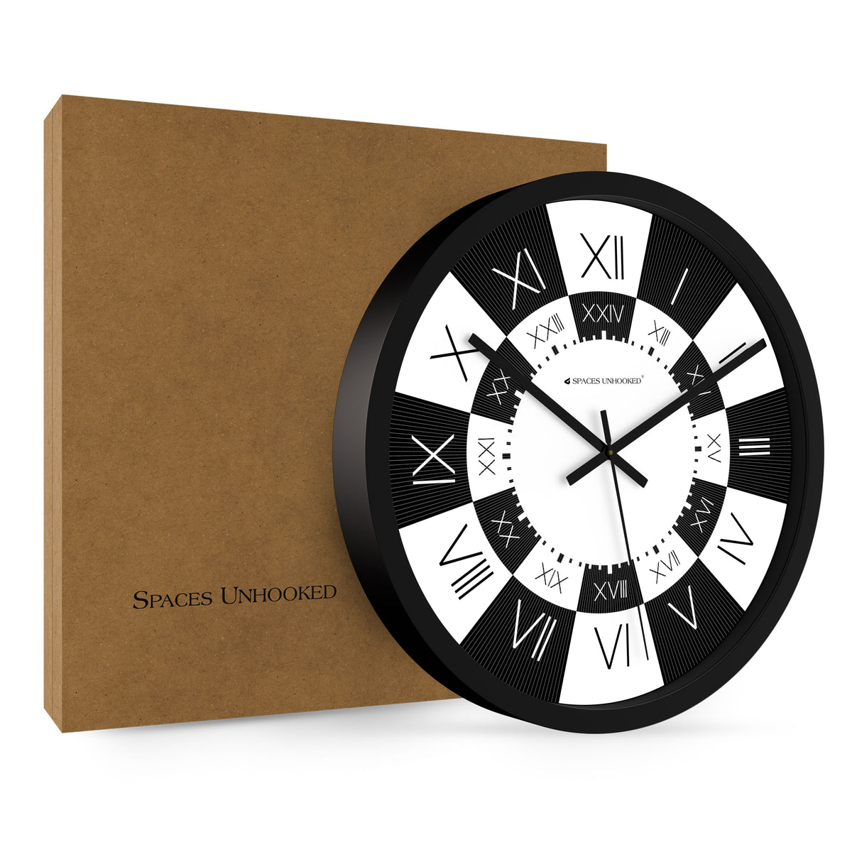 Spaces Unhooked dual Roman numeral wall clock hanging on wall luxury interior – bold black white designer clock India