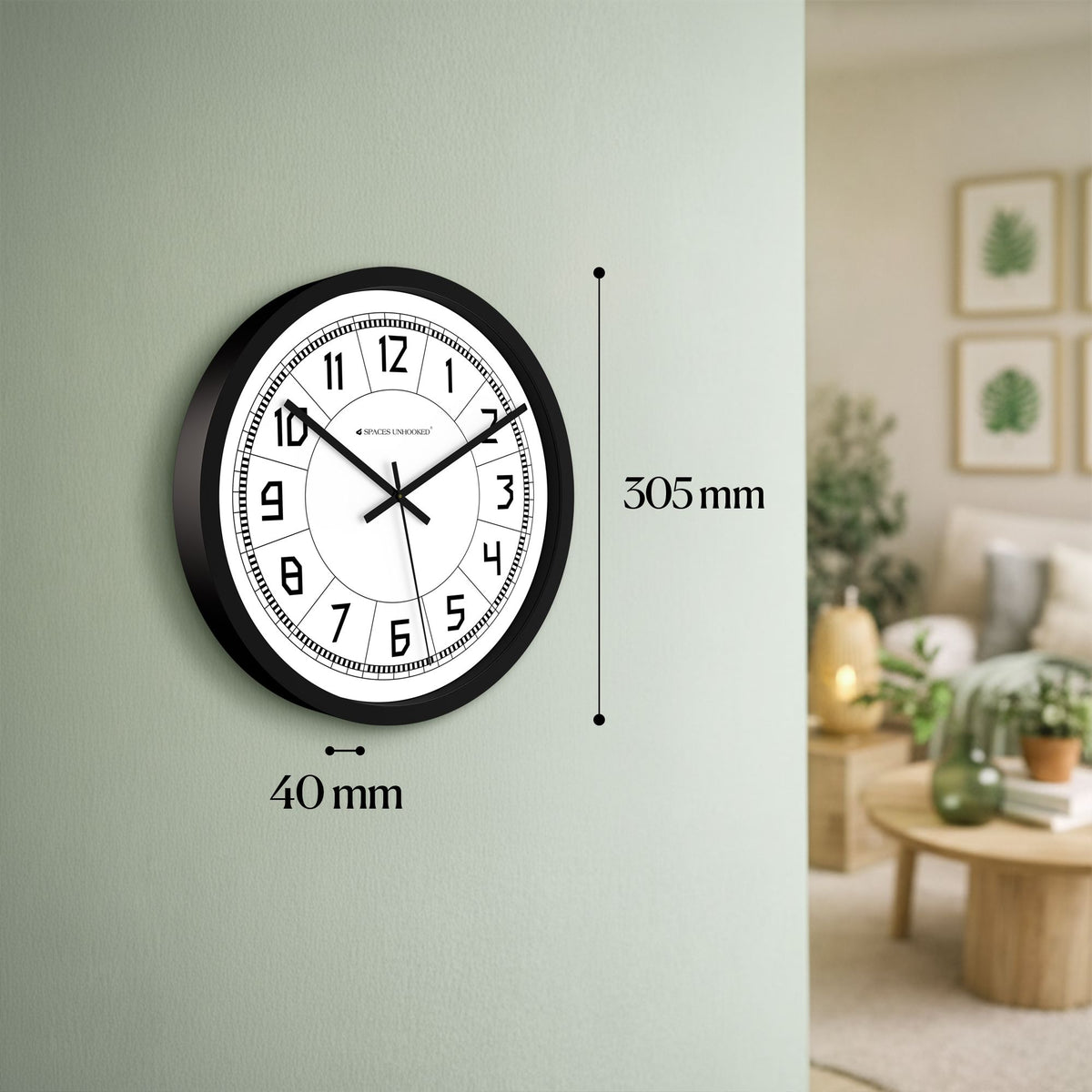 Left side profile thick black frame round wall clock – premium large wall clock bedroom living room India