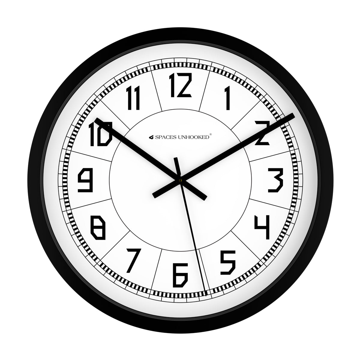 Spaces Unhooked bold Arabic numeral wall clock black frame white dial segmented design – modern large wall clock home office