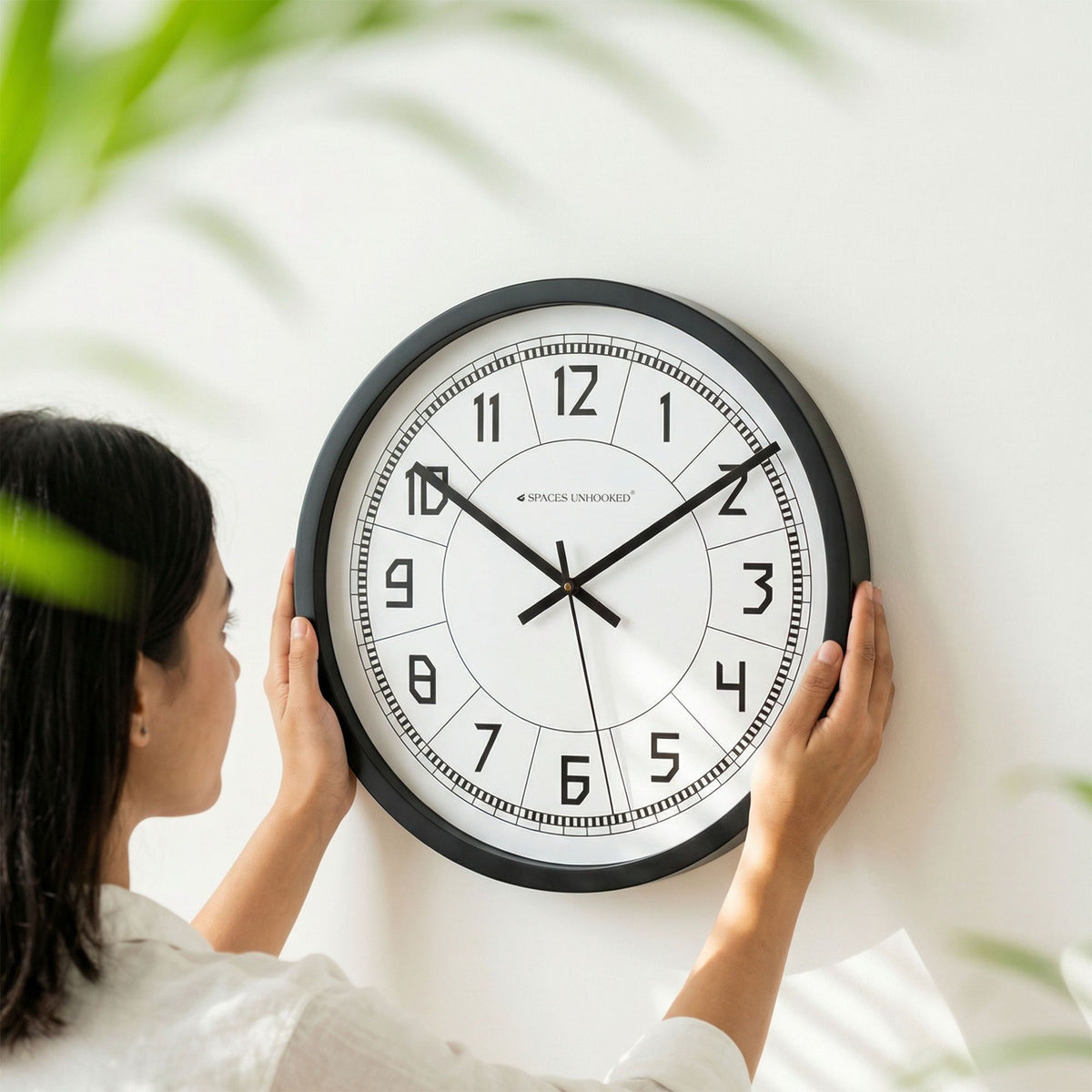 Detail shot oversized bold black numerals white clock face segment dividers – designer statement wall clock India