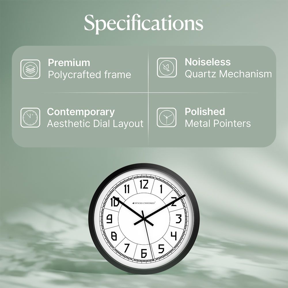 Right side view black wall clock deep frame profile – Spaces Unhooked bold numeral silent quartz clock