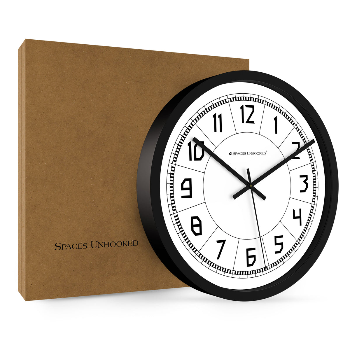 Top angle view black frame bold numeral wall clock white segmented dial – modern large wall clock home decor