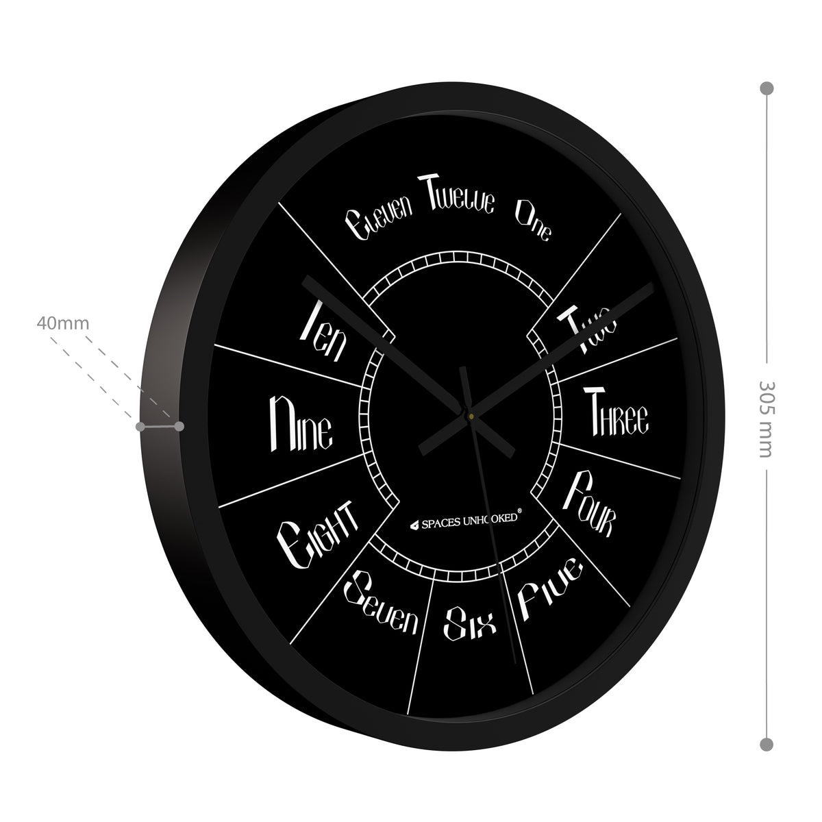 Numeral Wall Clock featuring a jet-black dial with hour words in elegant typography