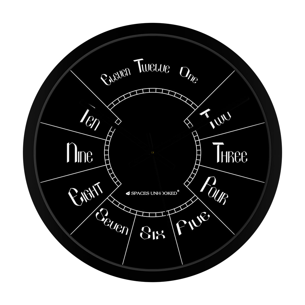 Stylish black numeral wall clock featuring hours spelled out in elegant typography.