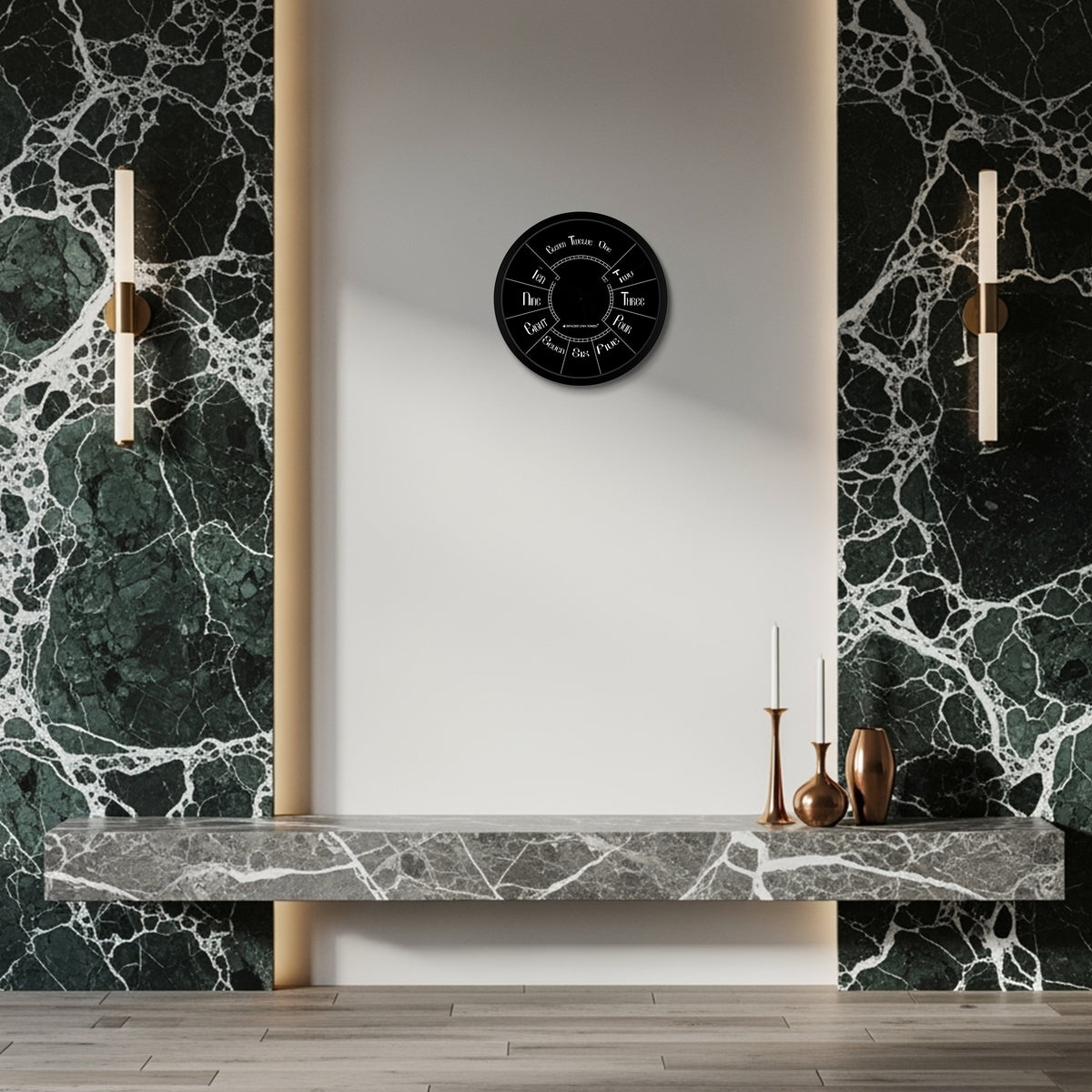 Stylish Numeral Wall Clock on a marble wall, showcasing a black dial with spelled out hour words in a modern interior design.