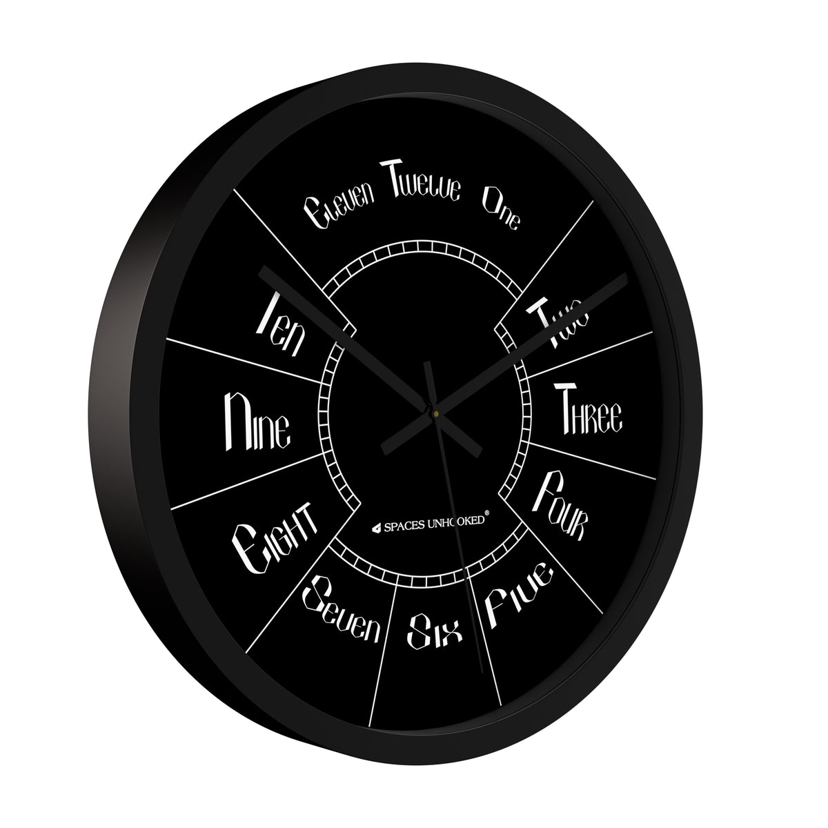 Stylish black numeral wall clock displaying hours in elegant typography, part of the Spaces Unhooked collection.