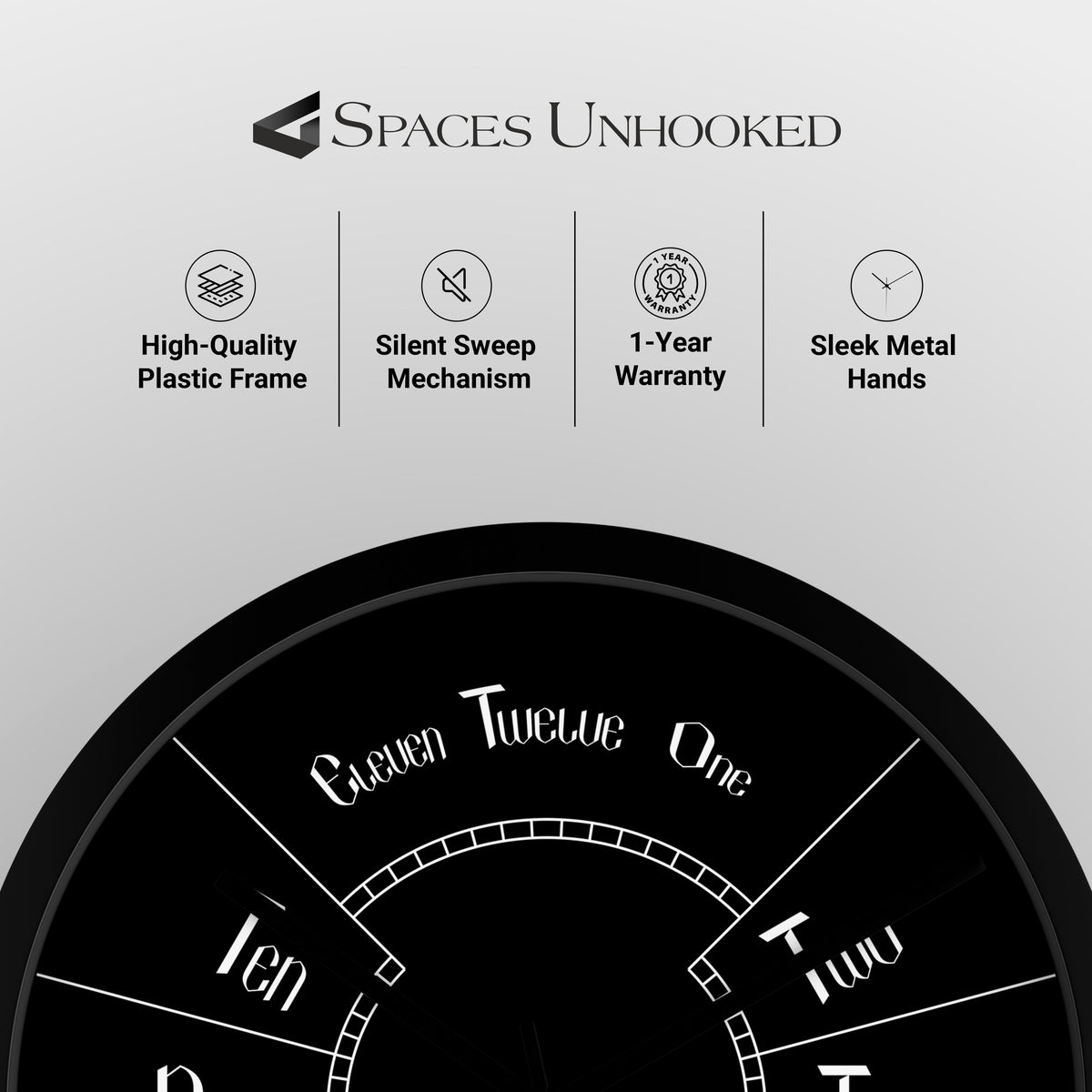 Close-up of Spaces Unhooked Numeral Wall Clock features: high-quality frame, silent sweep, warranty, sleek hands.