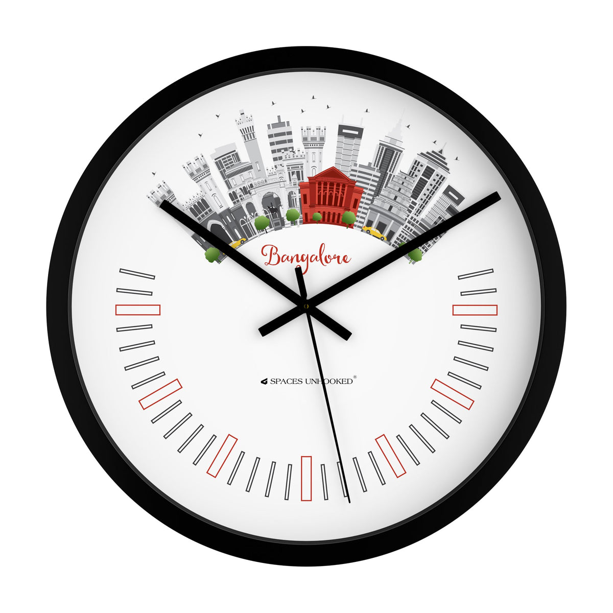 Wall clock with Bangalore skyline design on a white background