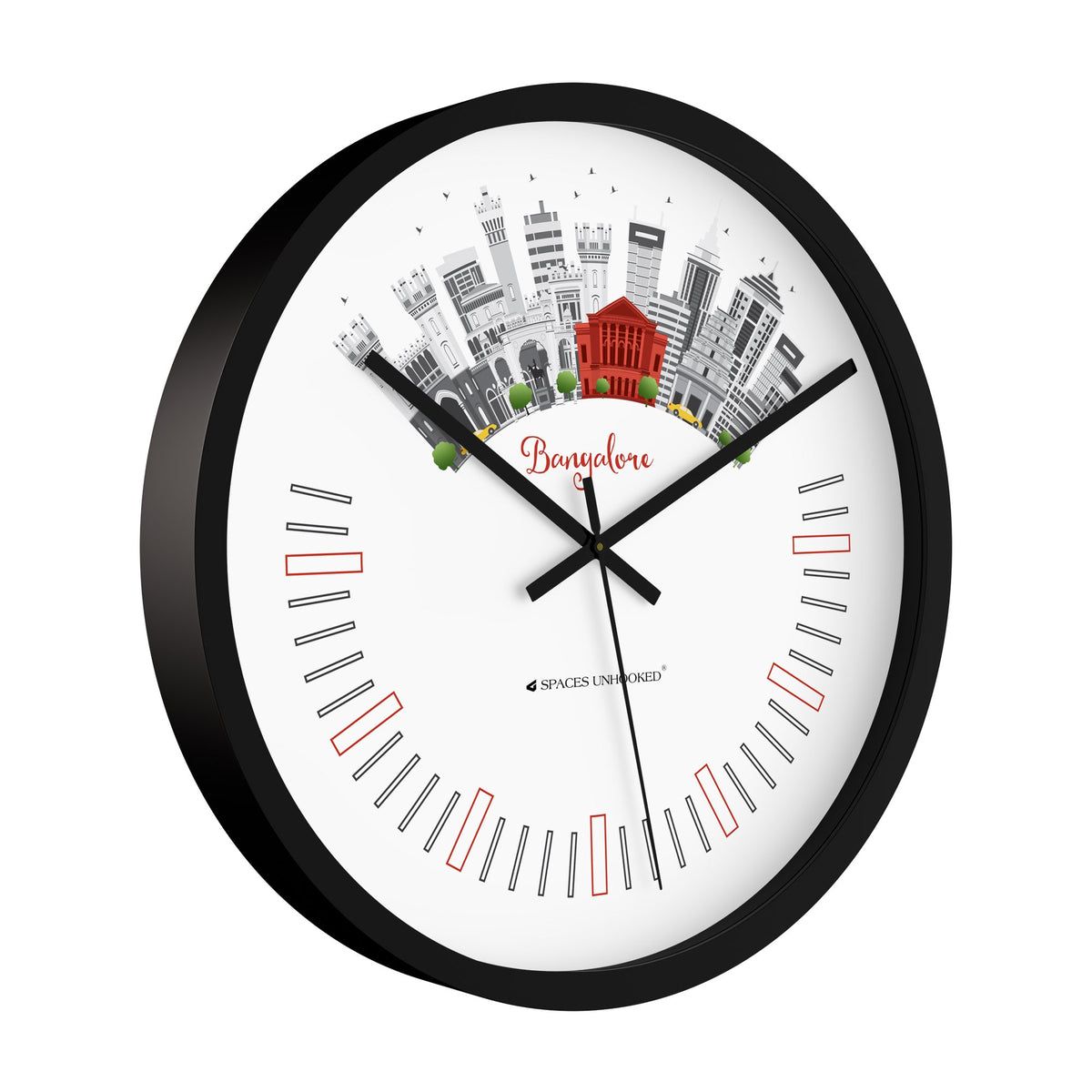 Wall clock with Bangalore cityscape design on a white background