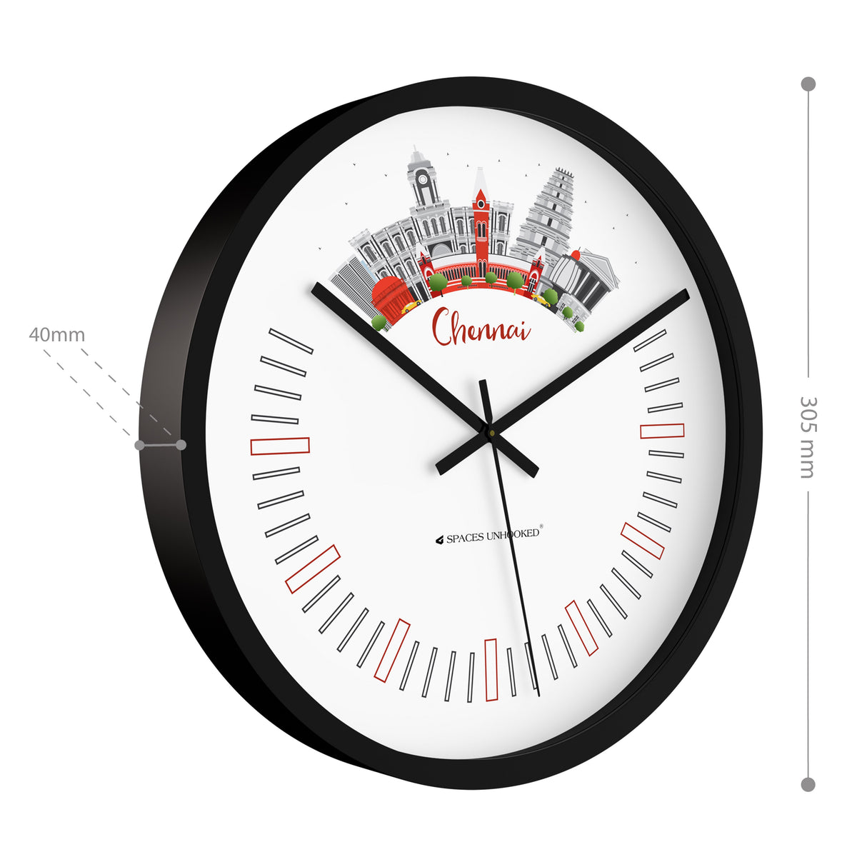 Wall clock with Chennai cityscape design on a white background