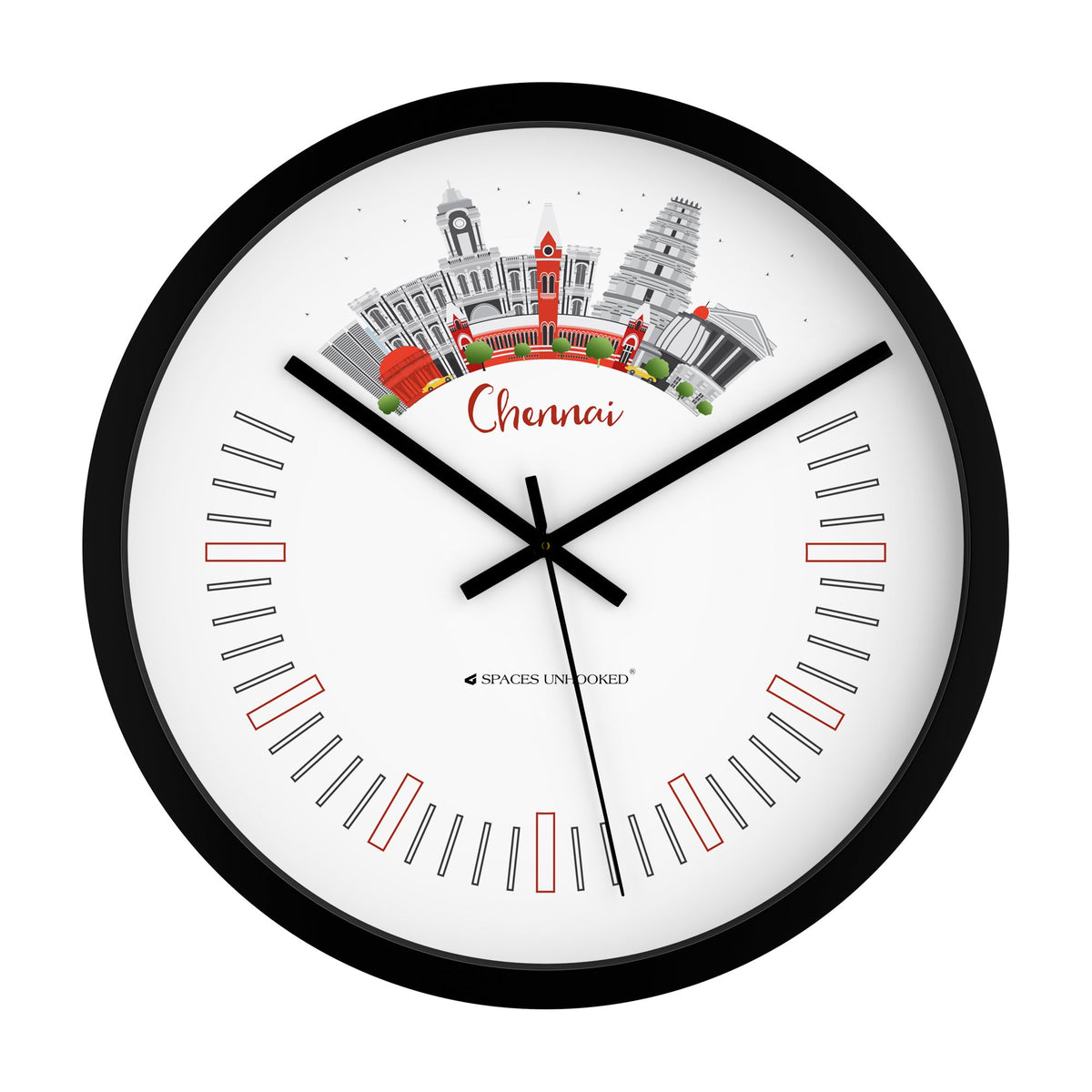 Wall clock with Chennai skyline design on a white background