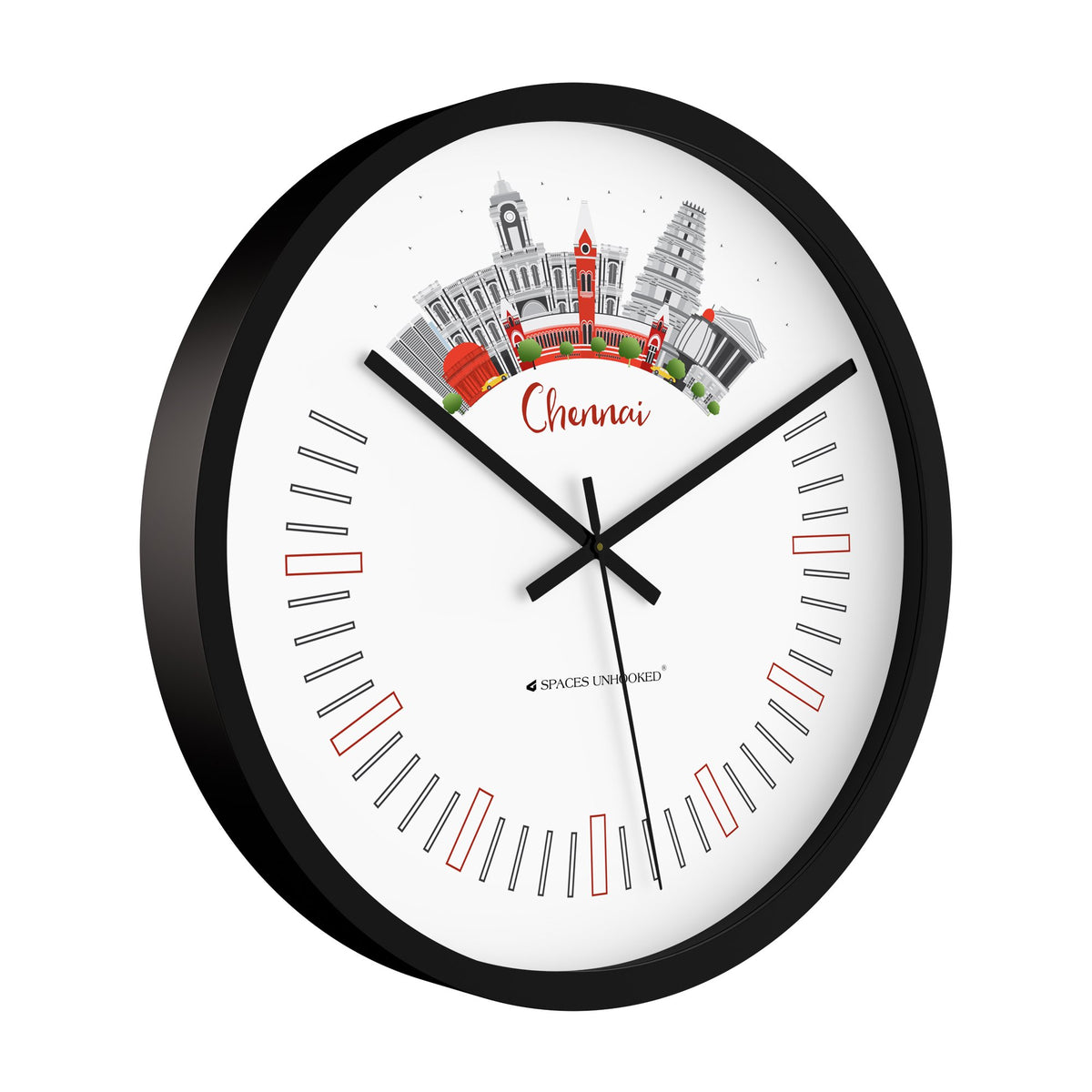Wall clock with Chennai cityscape design on a white background