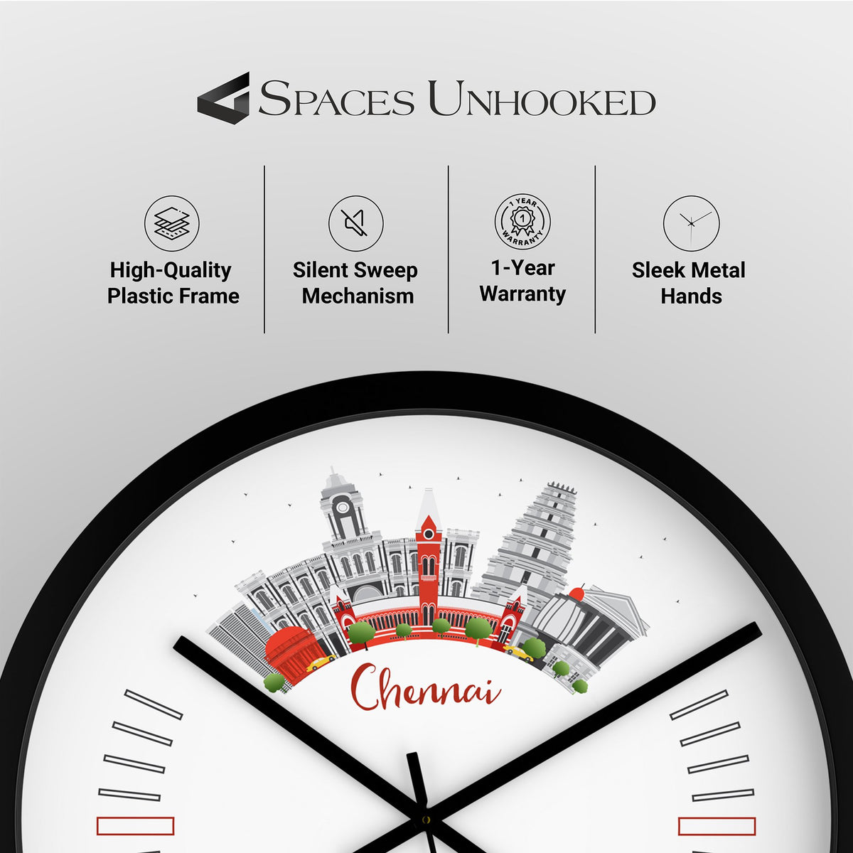 Wall clock with 'Chennai' design and Spaces Unhooked branding on a light gray background