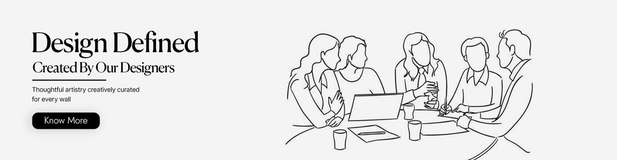 Line art of a group of people around a table with a laptop, with text about design and creators.
