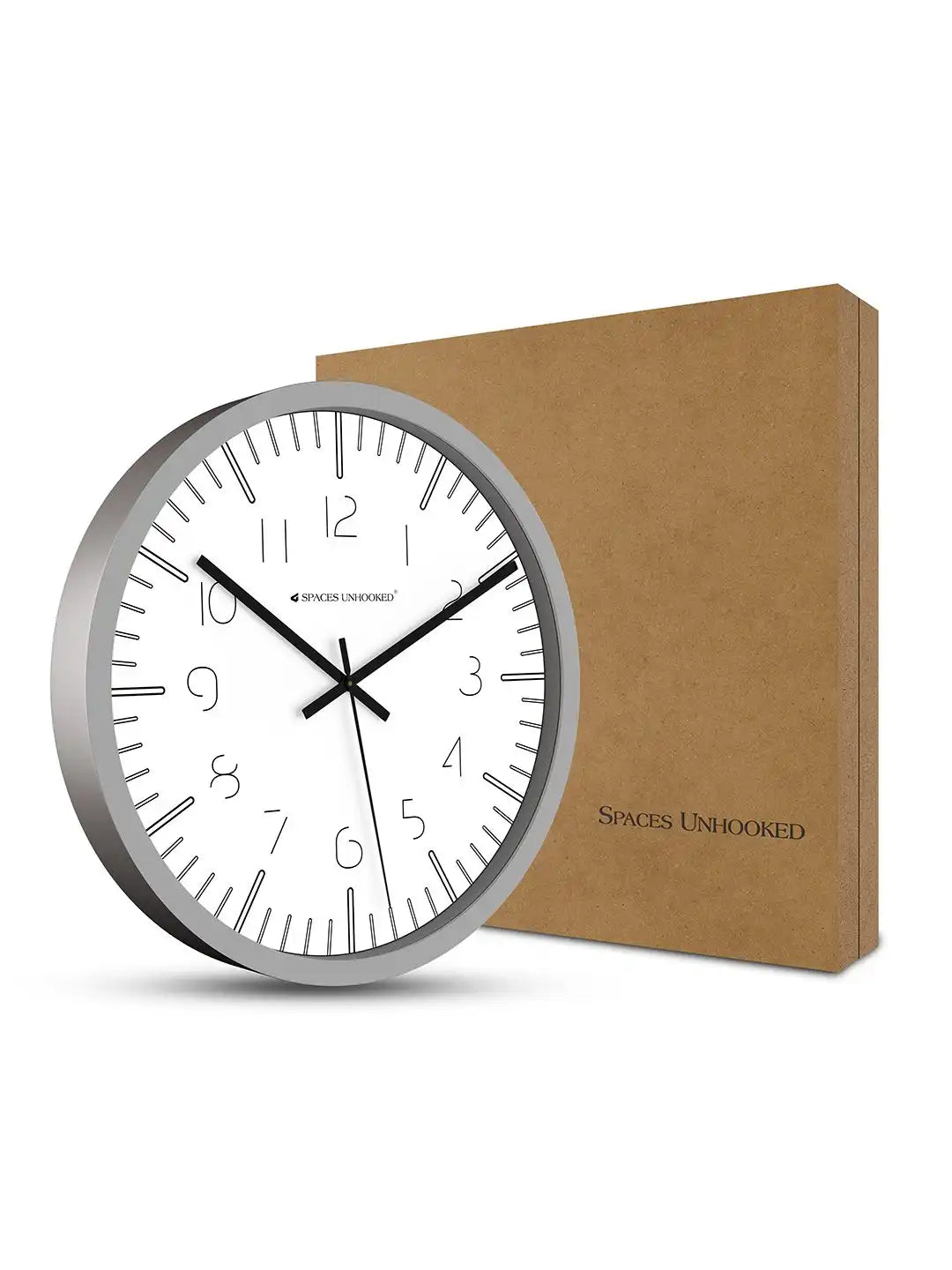 Spaces Unhooked grey wall clock with premium branded packaging box for secure delivery