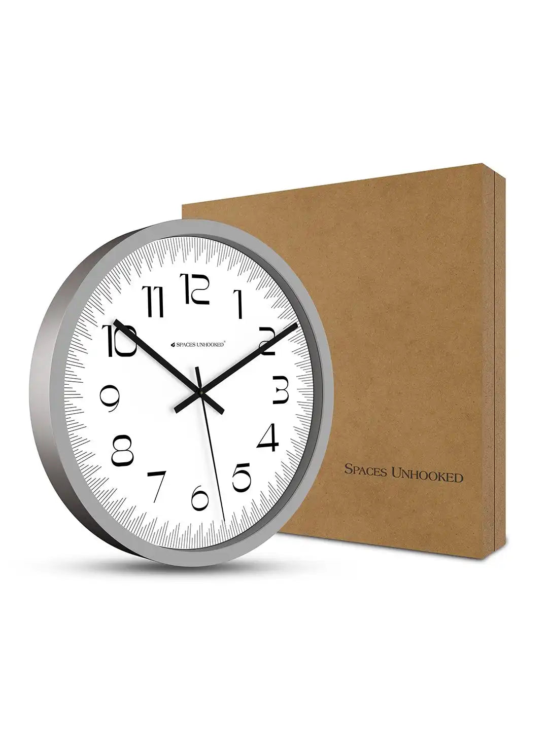 Spaces Unhooked grey wall clock with premium branded packaging box