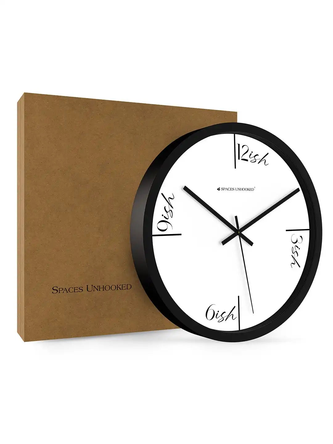 Spaces Unhooked black wall clock with premium branded packaging box