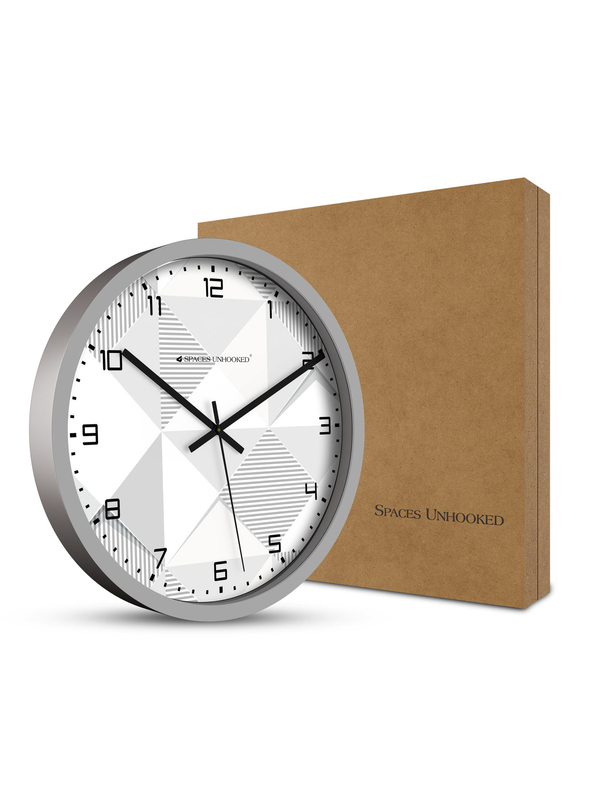 Silver wall clock with white face on a white background