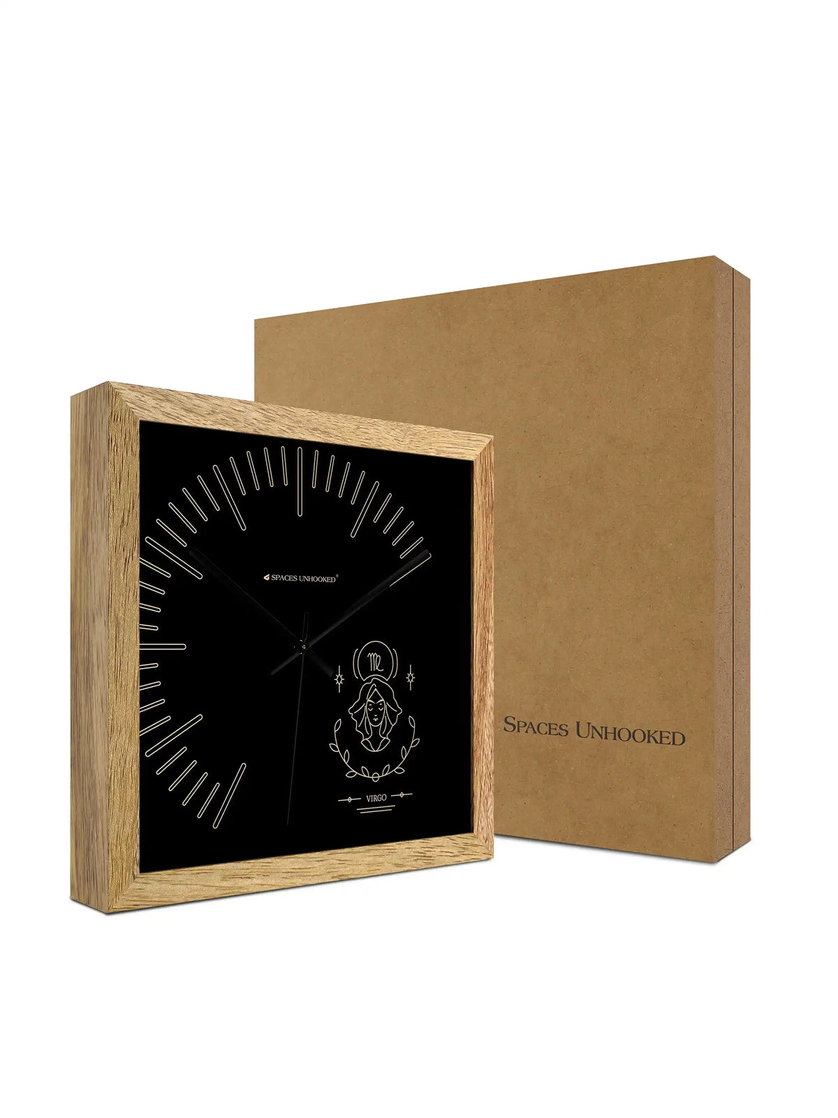 Virgo Zodiac Wooden Clock Styled on Tabletop with Crystal Decor and Indoor Plant