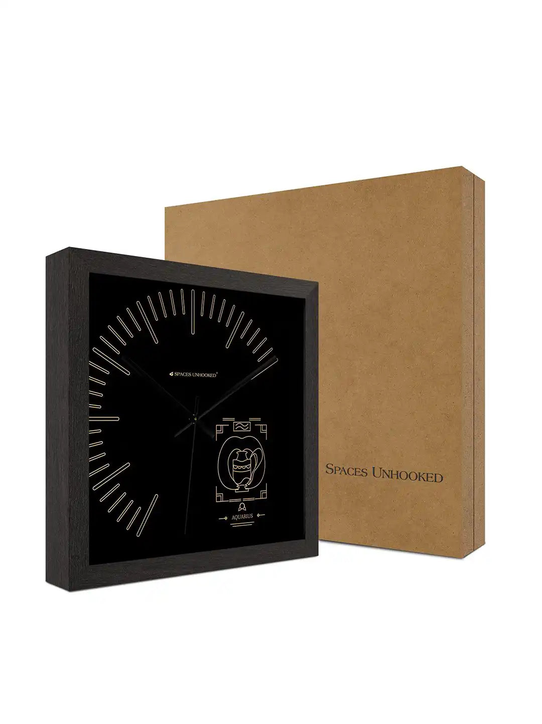 Aquarius zodiac wooden wall clock specifications showing hardwood frame, polished metal hands, silent quartz mechanism and designer dial