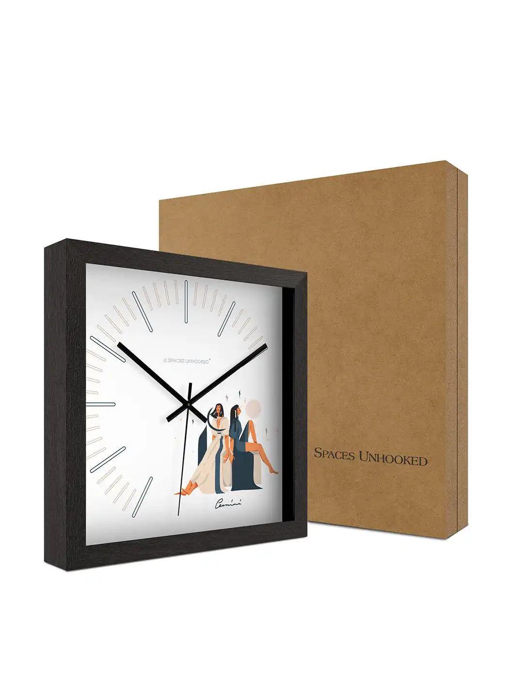 Gemini zodiac wall clock styled on a wooden console table with indoor plants and modern décor accents in a bright contemporary living space.
