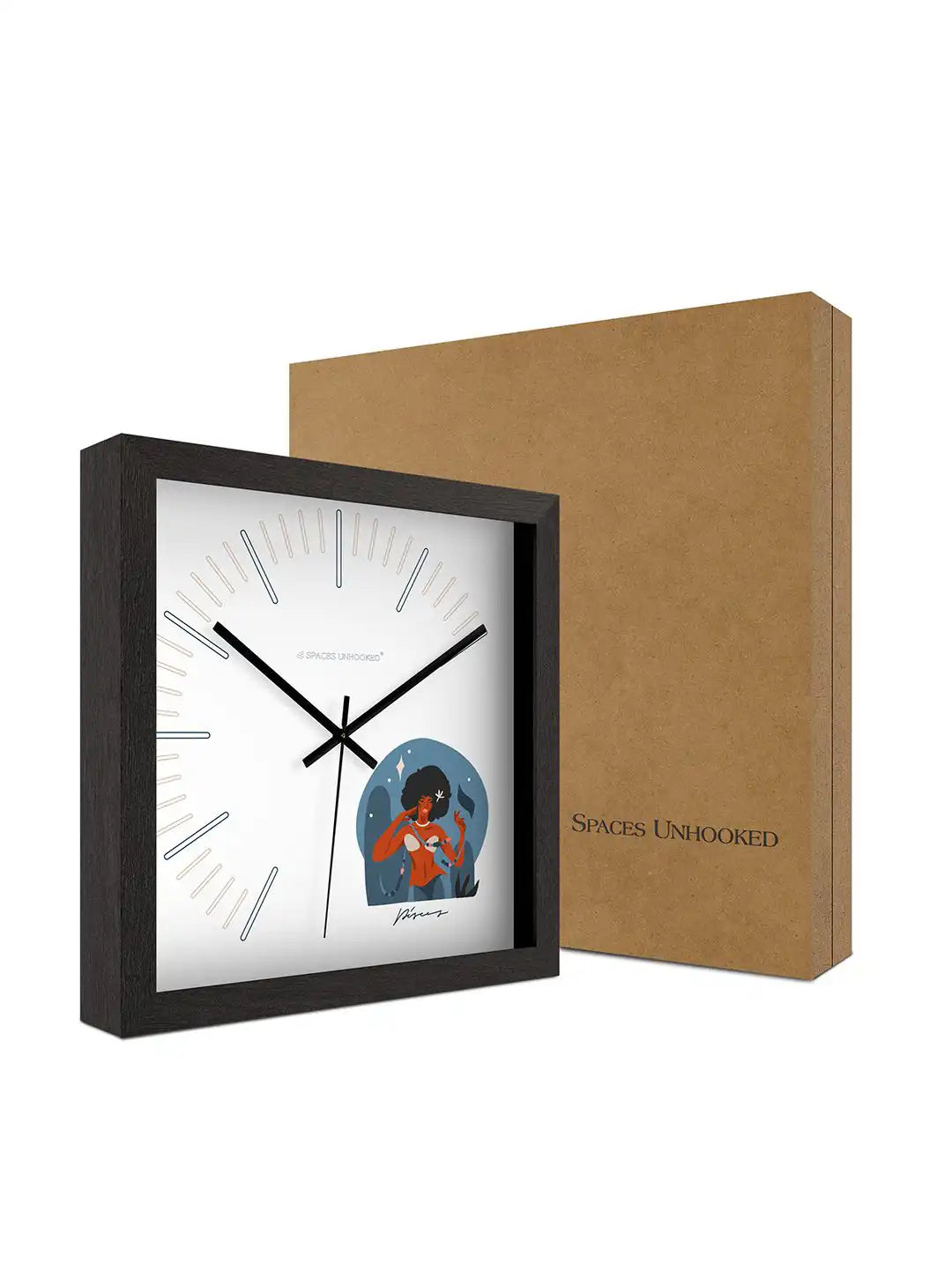 Stylish wall clock displayed on a wooden console table in a contemporary home interior setting.