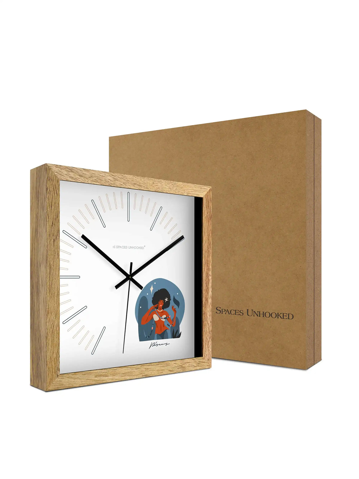 Pisces Zodiac Oversized Wooden Wall Clock – 305mm Square Natural Wood Frame Dimensions | Spaces Unhooked