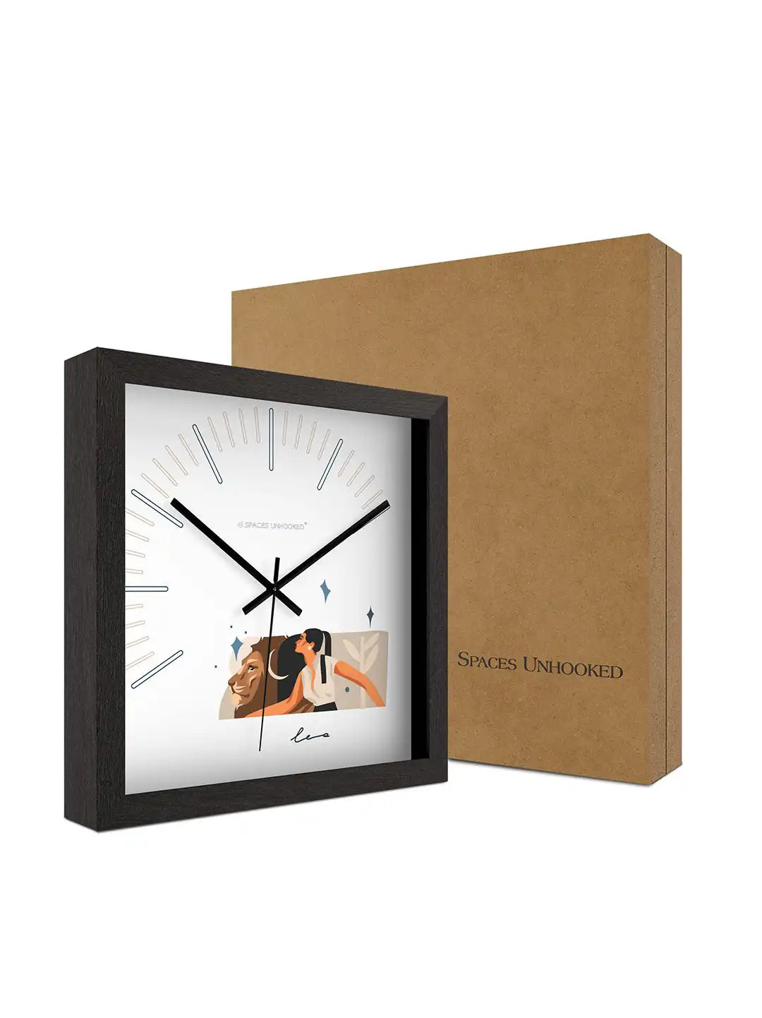 Leo decorative wall clock displayed on a wooden shelf among indoor plants, adding a modern astrology-inspired accent to home décor.