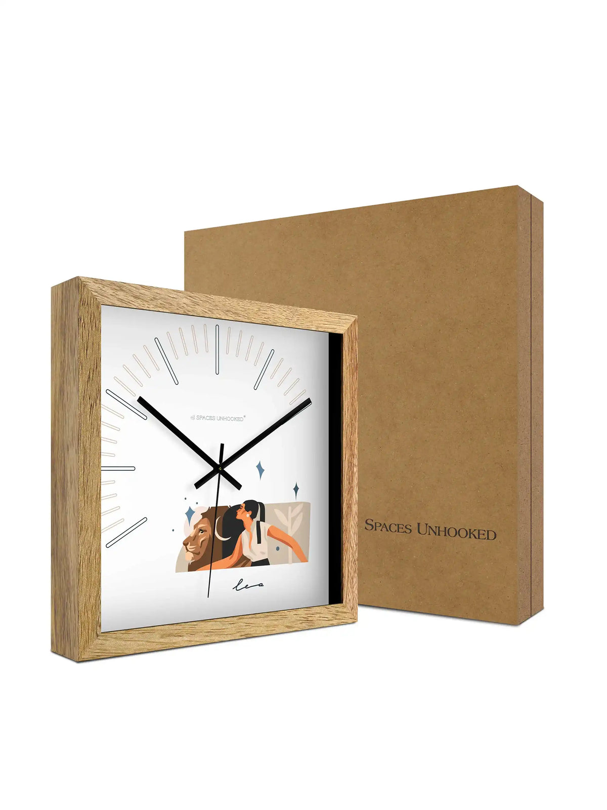 Leo Zodiac Oversized Wooden Wall Clock – 305mm Square Natural Wood Frame Dimensions | Spaces Unhooked