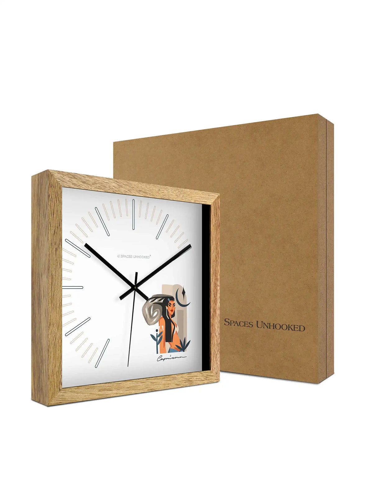 Capricorn Zodiac Oversized Wooden Wall Clock – 305mm Square Natural Wood Frame Dimensions | Spaces Unhooked