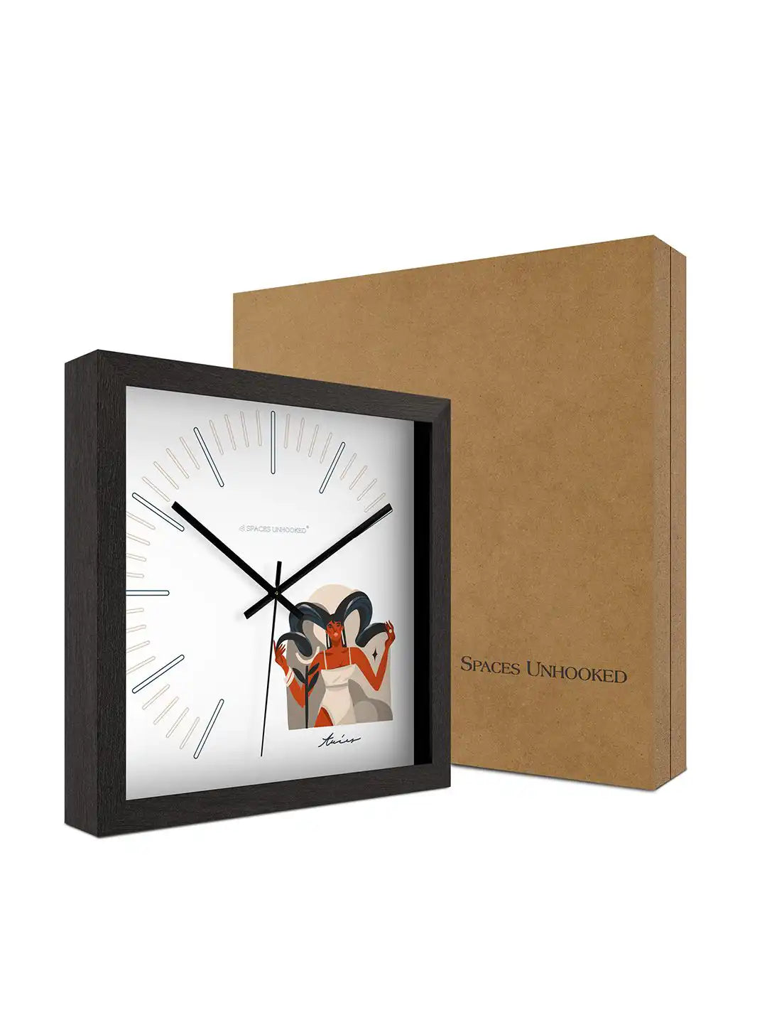 Side-angle view of the Taurus zodiac wall clock highlighting its deep black wooden frame, clean dial design, and decorative Taurus artwork.