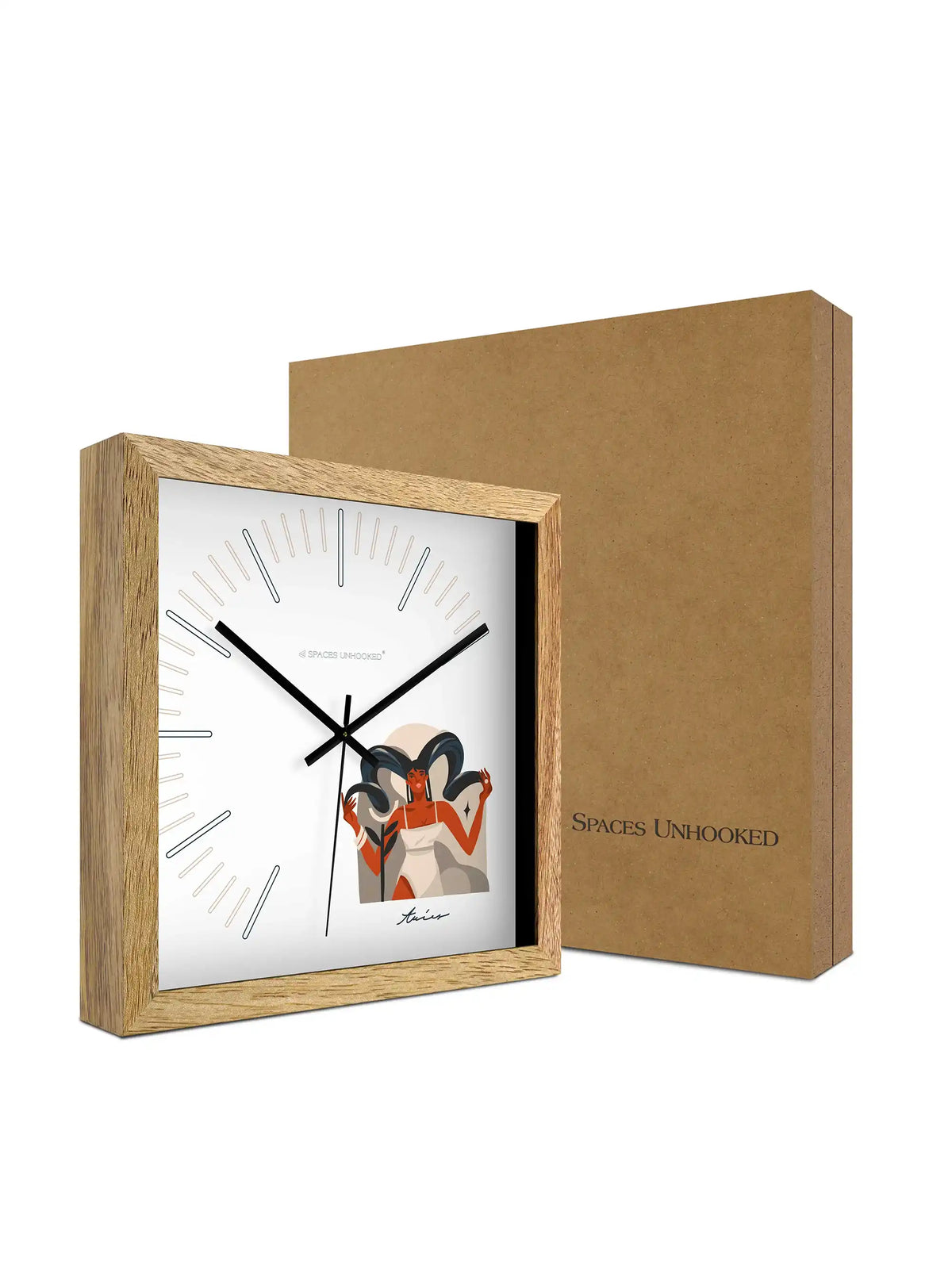 Aries Zodiac Oversized Wooden Wall Clock – 305mm Square Natural Wood Frame Dimensions | Spaces Unhooked