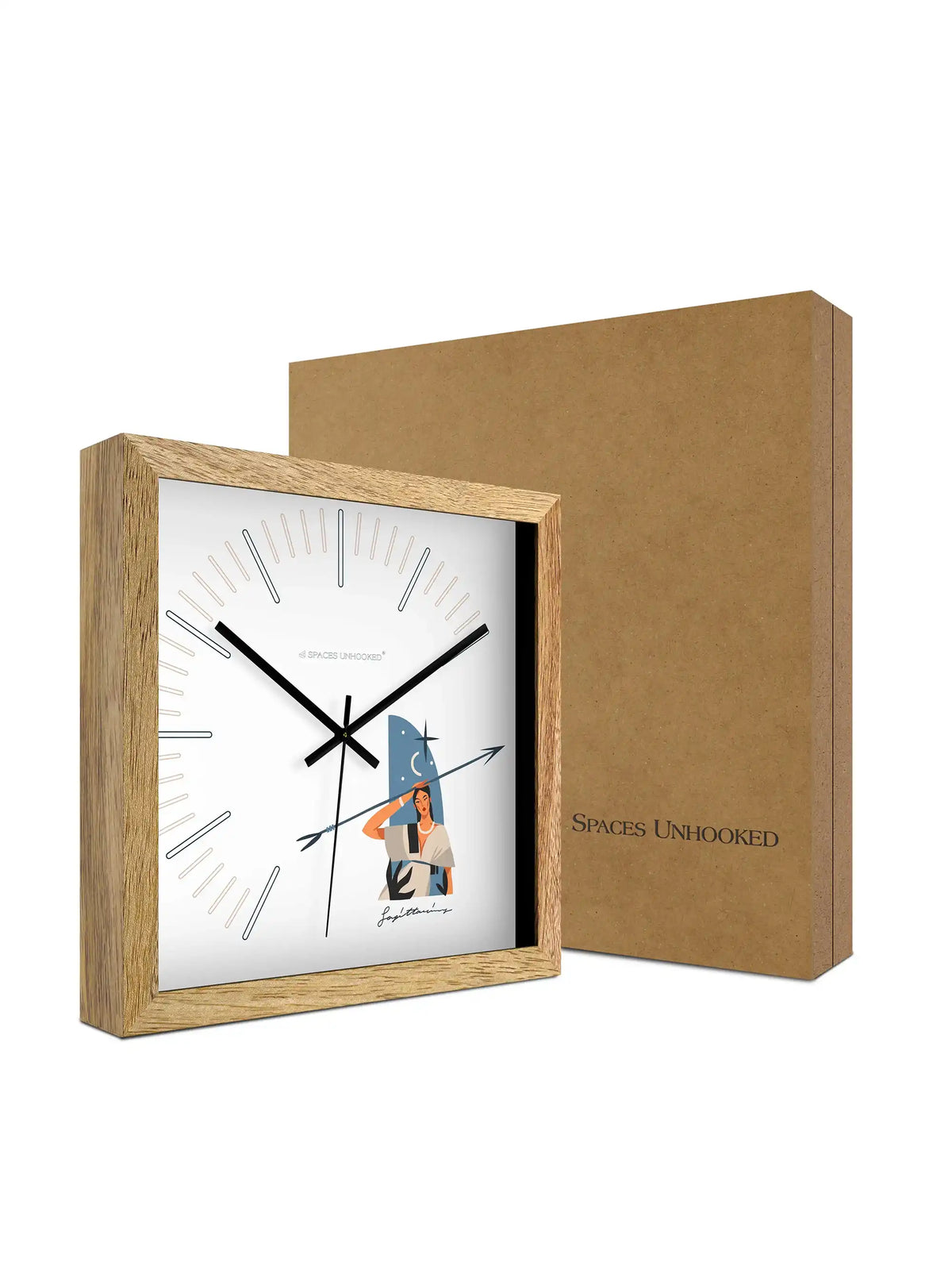 Sagittarius Zodiac Oversized Wooden Wall Clock – 305mm Square Natural Wood Frame Dimensions | Spaces Unhooked