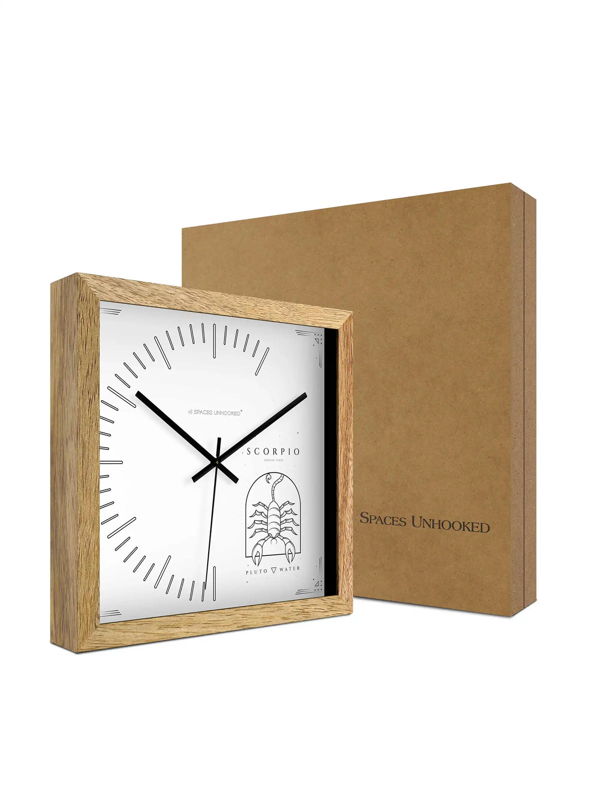 Scorpio Zodiac Oversized Wooden Wall Clock – 305mm Square Natural Wood Frame Dimensions | Spaces Unhooked