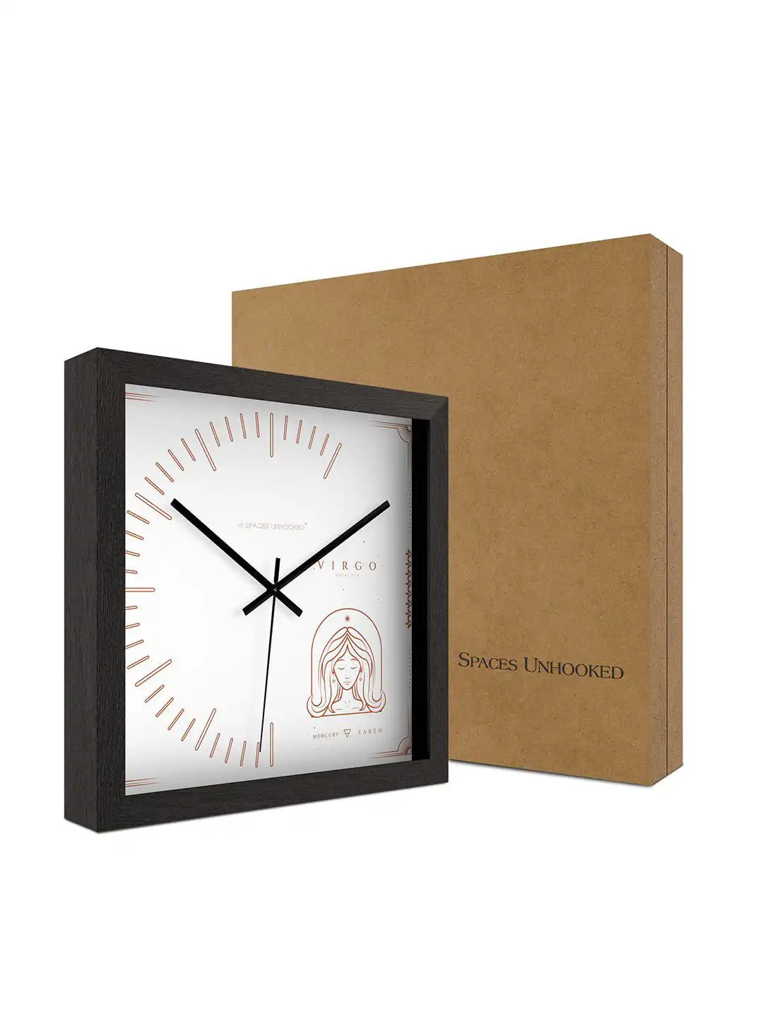 With Box | Virgo wooden wall clock with branded packaging box, wooden clocks for sale, premium wood frame wall clock gift and home décor item