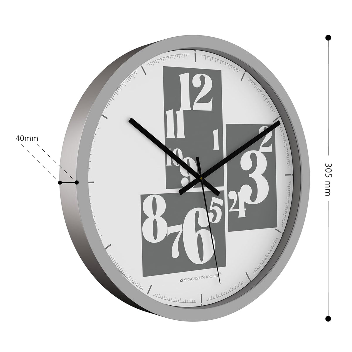 Wall clock with square design and measurements on a white background