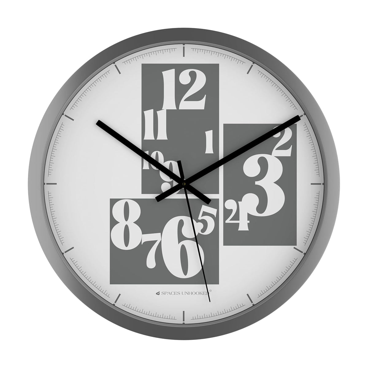 Wall clock with unique number design on a white background