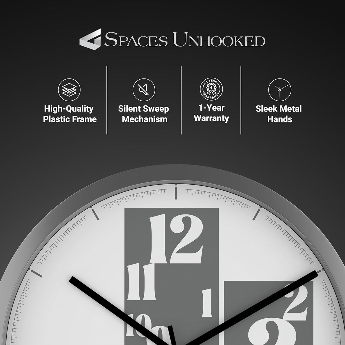 Wall clock with Spaces Unhooked branding and feature list on a dark background