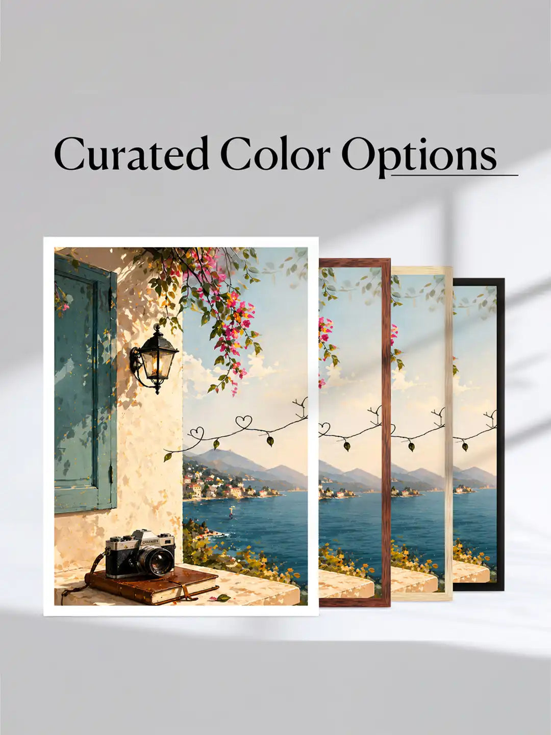 Mediterranean travel wall art set of 3 - coastal lifestyle illustration artwork - European seaside decor - black wooden frames - Spaces Unhooked
